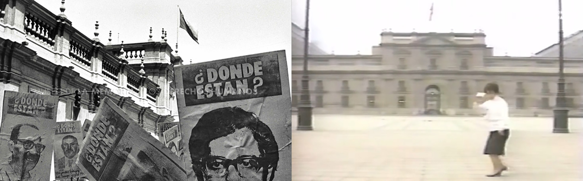 ¿Dónde están?  and La cueca sola, both initiatives of the Agrupación de Familiares de Detenidos Desaparecidos (AFDD) (Association of Relatives of the Detained and Disappeared). Images by Marco Ugarte (1983) and Andrew Johnson (1992), respectively. Archive of the Museum of Memory and Human Rights, Santiago, Chile.