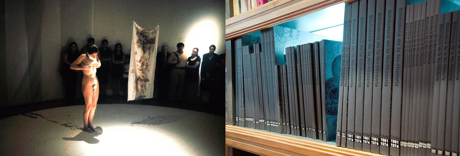 El cuerpo de la memoria, de Janet Toro (1999), y Biblioteca de la no-historia, de Voluspa Jarpa (2010). Fotos cortesía de las artistas.