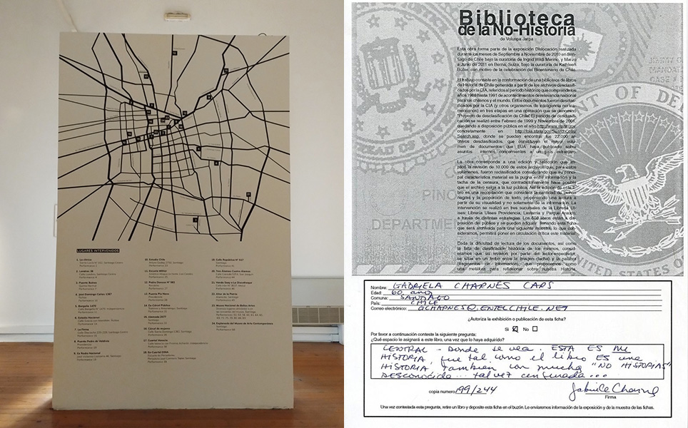 The map of the interventions of El cuerpo de la memoria (1999) in La memoria en el cuerpo, by Janet Toro (2023), and the question sheet of Biblioteca de la no-historia, by Voluspa Jarpa (2012). Photo by Carolina Benavente and image courtesy of Voluspa Jarpa.