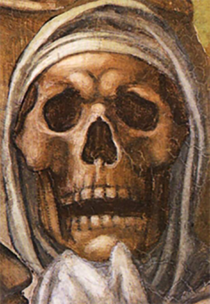 Michelangelo’s skeletal self-portrait from the bottom left-hand corner of the Last Judgement (Sistine Chapel). 