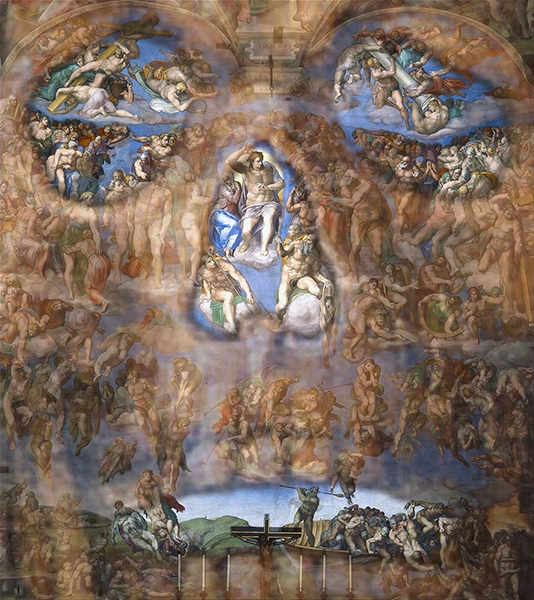 Combined image: Michelangelo’s skeletal self-portrait from the bottom left-hand corner of the Last Judgement has been superimposed over the entire altar wall fresco. 